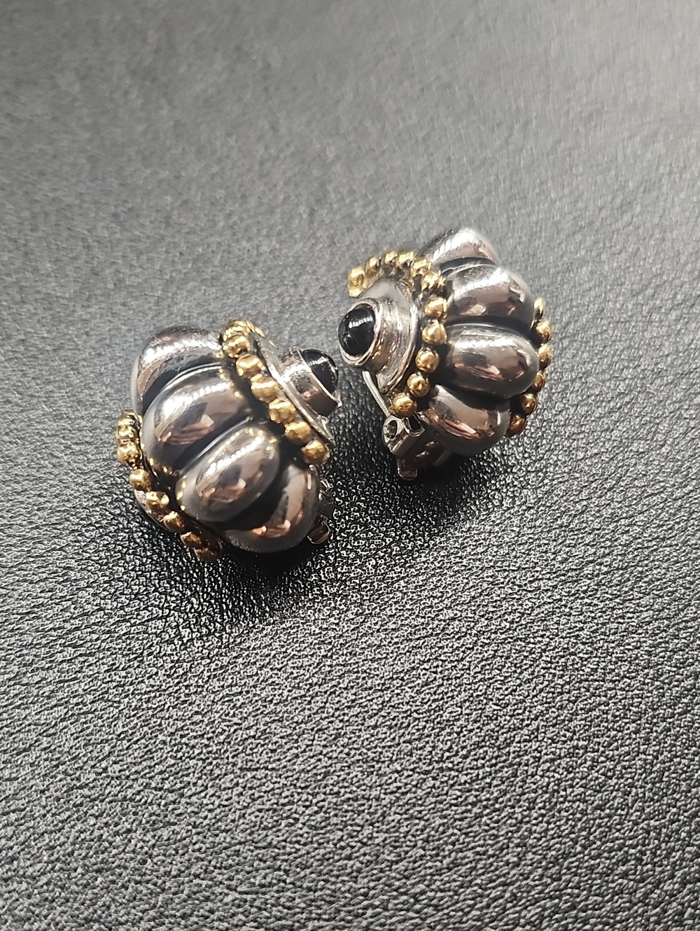 MUSA Signed .925 Sterling Silver & Gold Caviar Beaded Onyx Clip-On Earrings